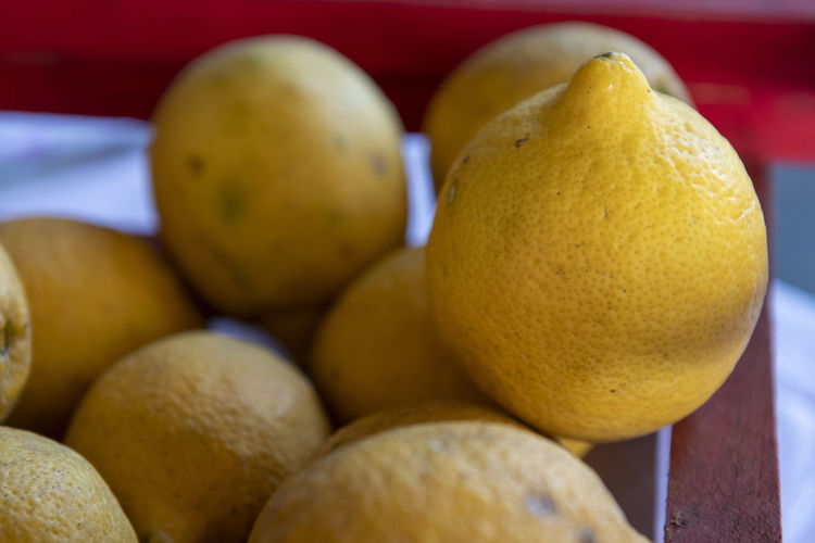 Group of sicilian lemons on a basket table.