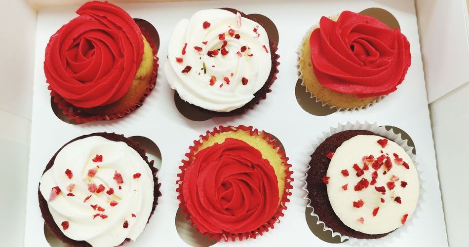 High angle view of cupcakes on table