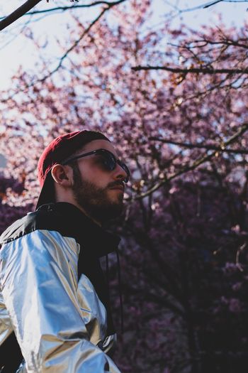 Low angle view of young man against cherry blossom
