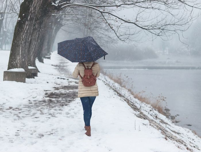 Rear view of woman walking during snowfall