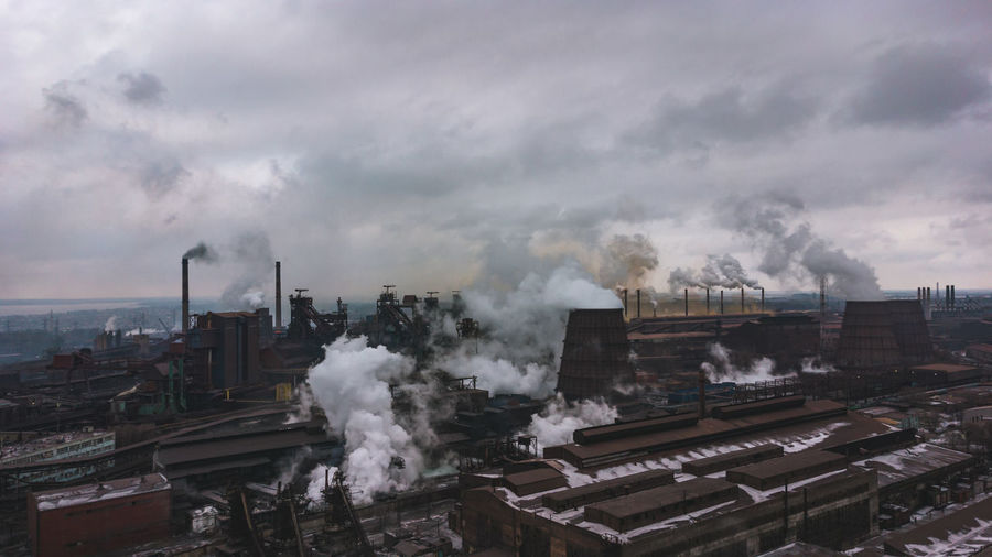 Industry metallurgical plant dawn smoke smog emissions bad ecology aerial photography