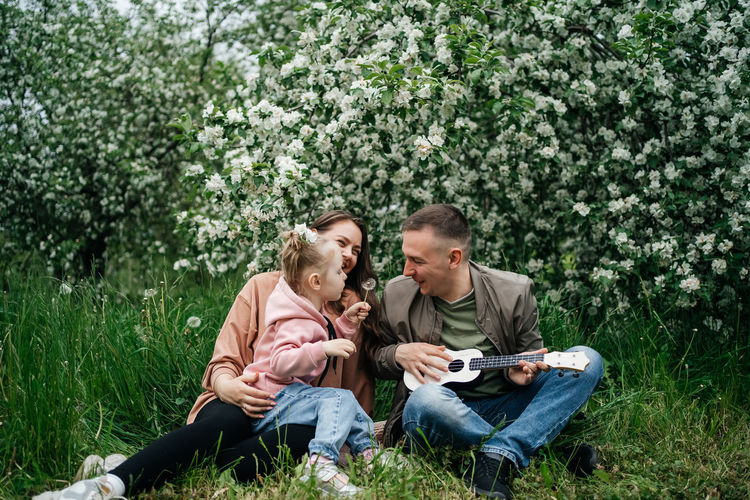 Family dad mom baby daughter in the garden blooming apple trees, father playing the ukulele