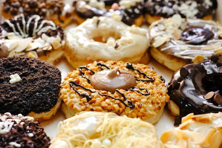 Close up of delicious donuts