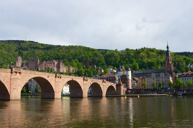 Karl theodor bridge over neckar river against heidelberg castle