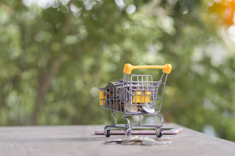 Close-up of shopping cart in wicker basket