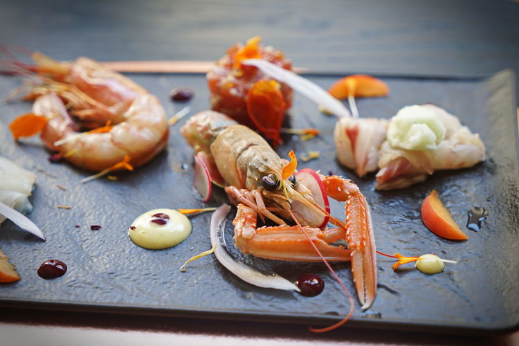 Close-up of seafood on cutting board