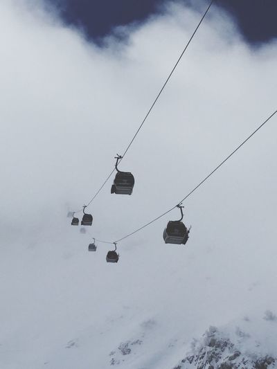 Overhead cable car against cloudy sky