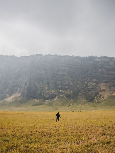 Man walking on green landscape against clear sky