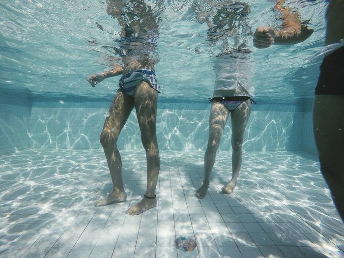 Underwater low section of women standing in pool 