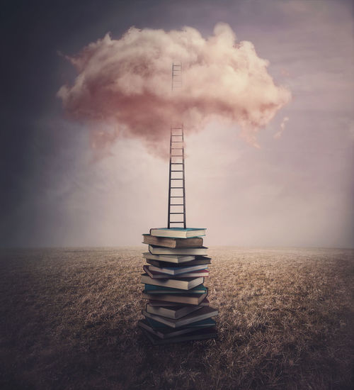Books pile in the middle of an open meadow, and a ladder or stairway leading up to a pink cloud
