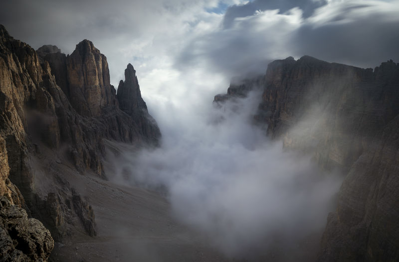 Panoramic view of mountains against cloudy sky