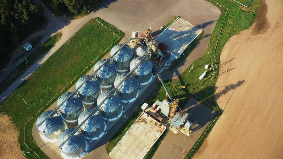 Aerial view of silos on field