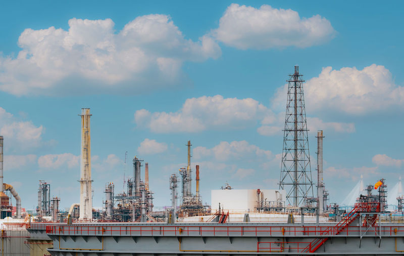 Oil refinery or petroleum refinery plant with blue sky background. power and energy industry. oil