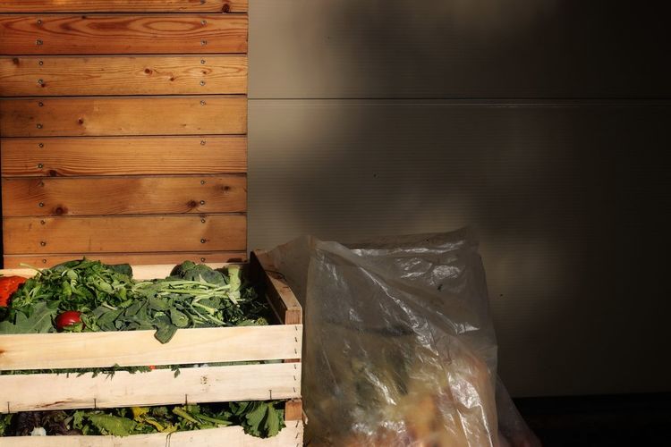 View of vegetables in crate on wall