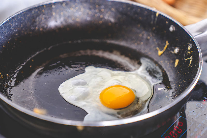 High angle view of egg frying in cooking pan