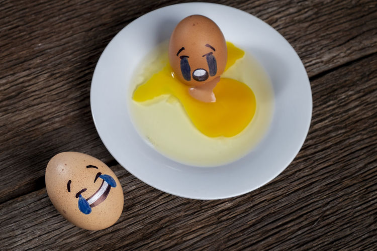 High angle view of egg in plate on table