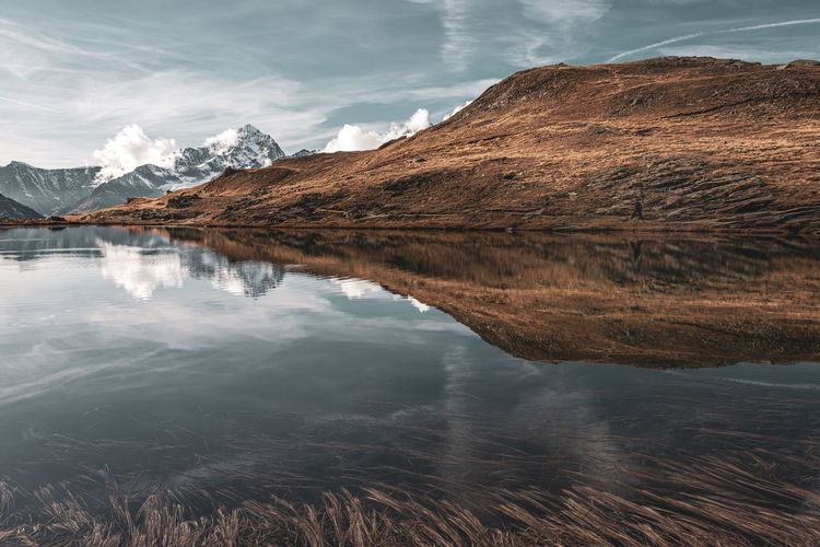 Scenic view of lake by mountains against sky