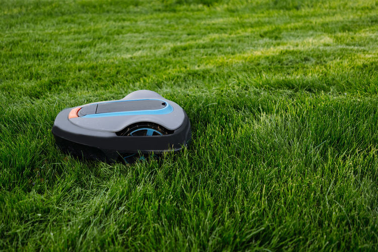 Lawn mower cutting green grass. robot. copyspace