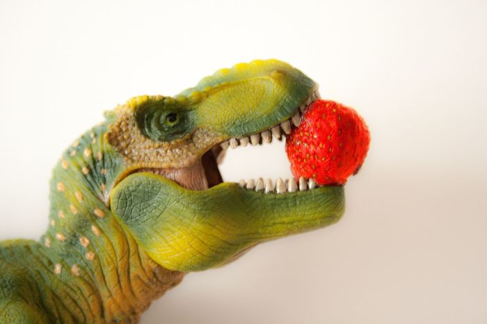Dinosaur with strawberry in mouth