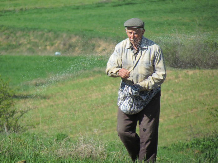 Senior man sprinkling fertilizers on farm