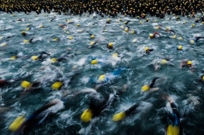 High angle view of people swimming in triathlon