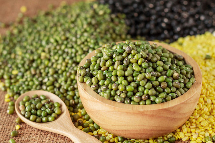 Close-up of mung beans on table