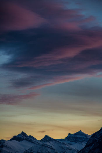 Scenic view of snowcapped mountains against sky during sunset