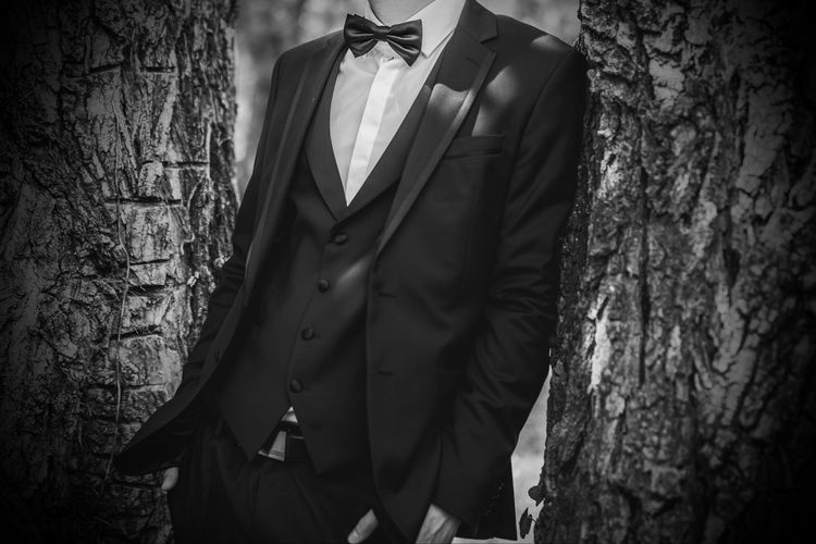 Midsection of groom in formal suit