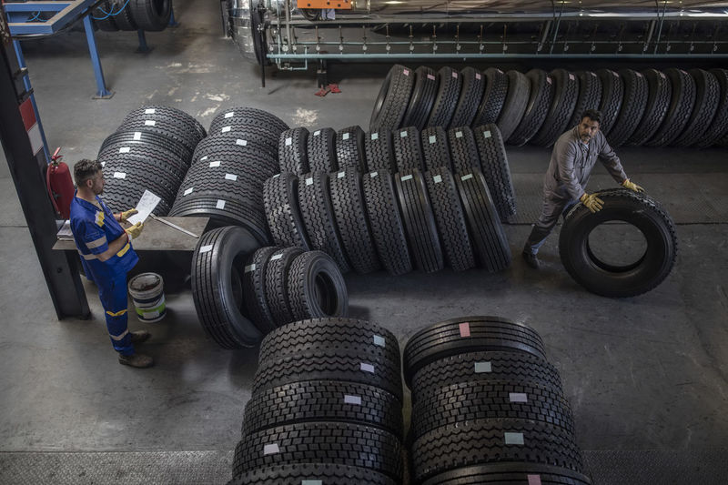 Top view of stock tires in tire factory