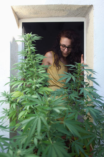 Portrait of woman watching her marijuana plants