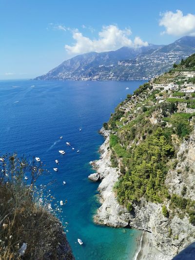 High angle view of bay against sky