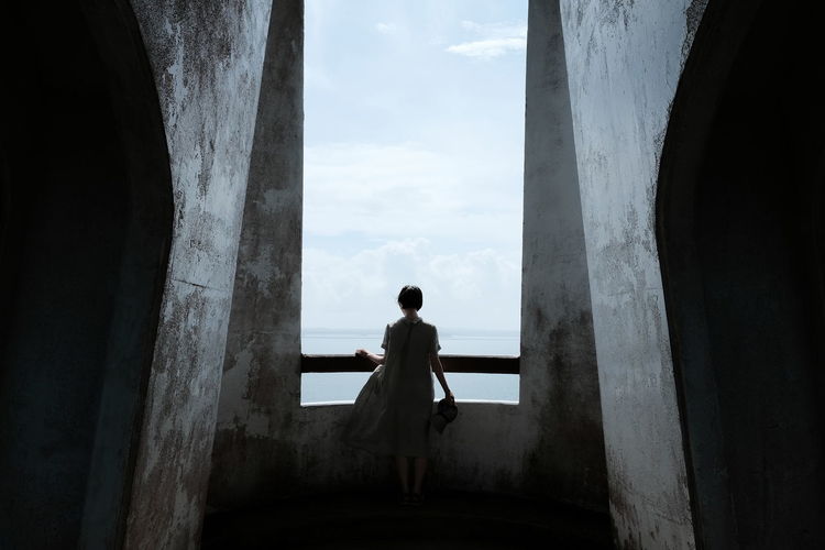 Rear view of woman looking at sea standing by railing against sky