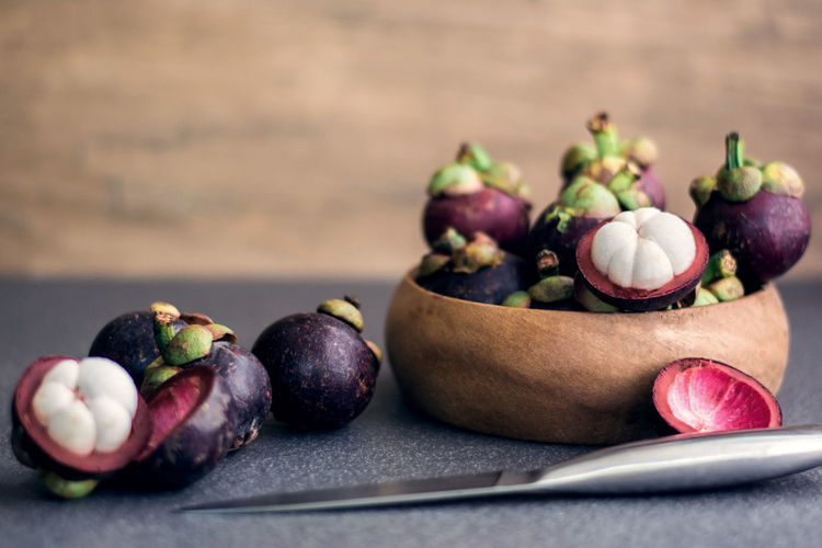 Close-up of mangosteens in bowl on table