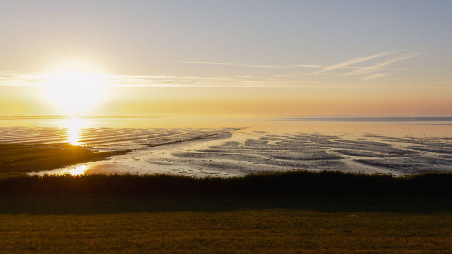 Scenic view of land against sky during sunset