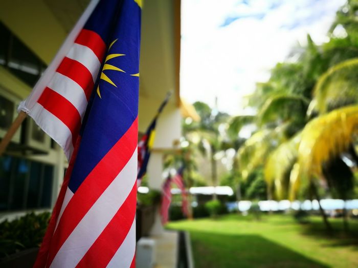 Close-up of malaysian flag in lawn