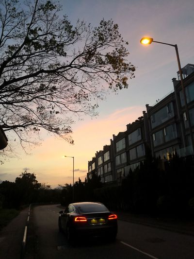 Cars on street at sunset