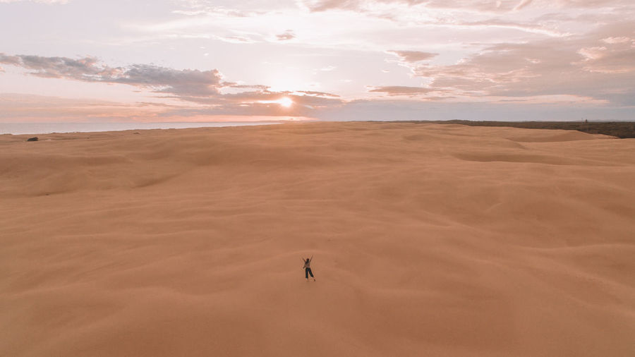 Aerial view of woman standing in desert