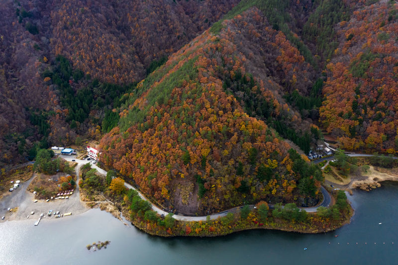 Nature landscape aerial view lake shojiko and mountain at autumn in japan