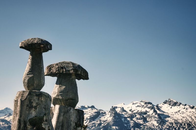 Low angle view of snowcapped mountains against clear sky