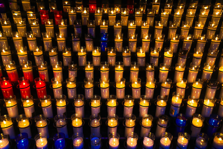 Full frame shot of illuminated candles in temple