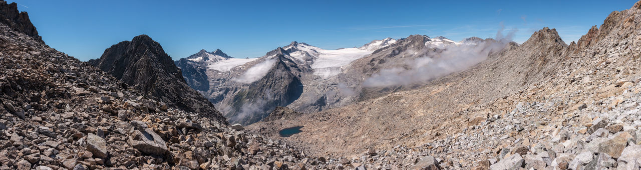 Panorama with glacier, mountains and blue sky