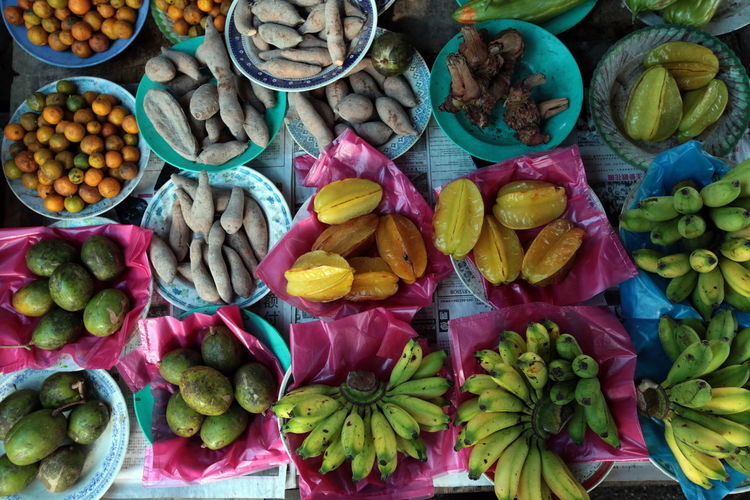 Directly above shot of various fruits for sale at market