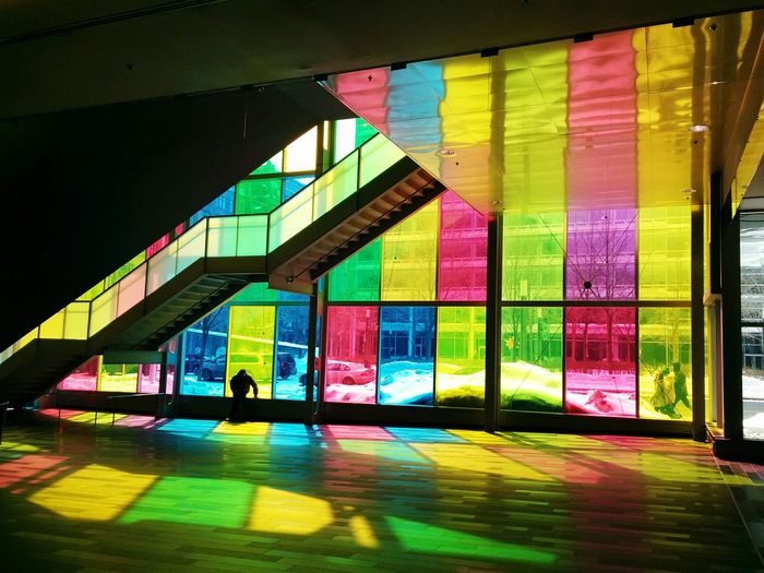 Interior of building with multi colored windows