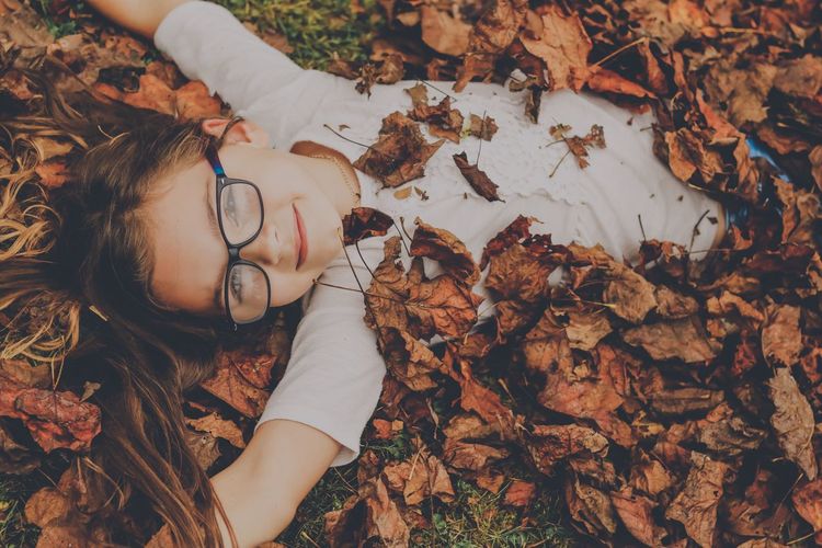 High angle view portrait of girl lying on dry leaves
