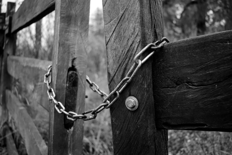 Close-up of chain tied up on wooden fence