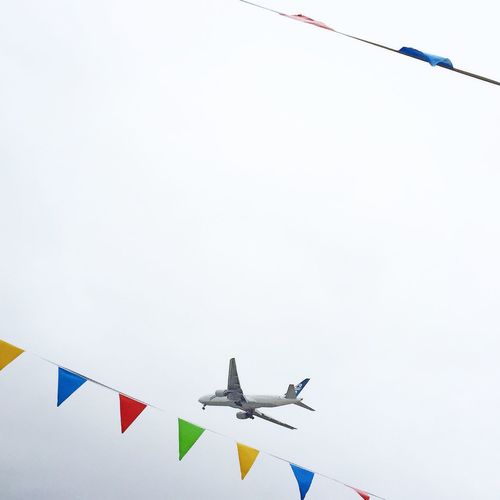 Low angle view of colorful bunting and airplane against clear sky