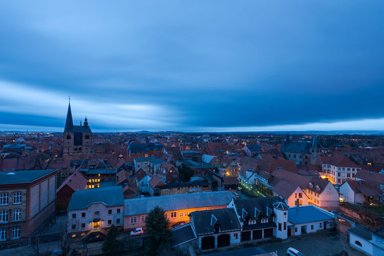 High angle view of townscape against sky at dusk