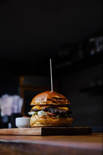 Close-up of a burger on table