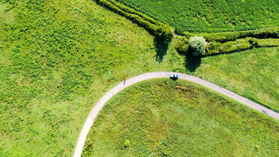 Aerial view of a countryside road between meadows and trees in emilia romagna region, italy