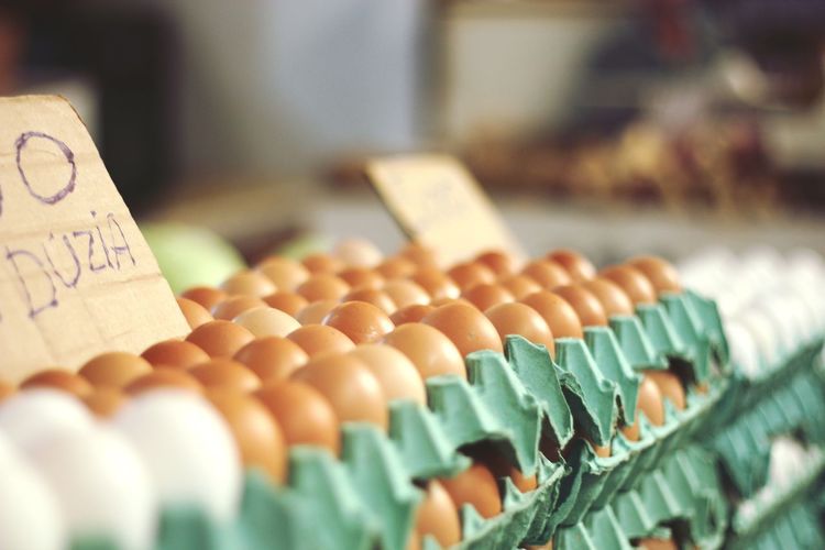 Close-up of eggs in carton for sale